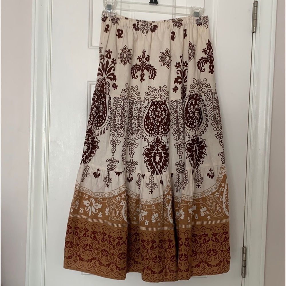 Bo-Ho skirt Beautiful Linen/Cotton Brown skirt with designs size Small/Petite - Picture 2 of 7